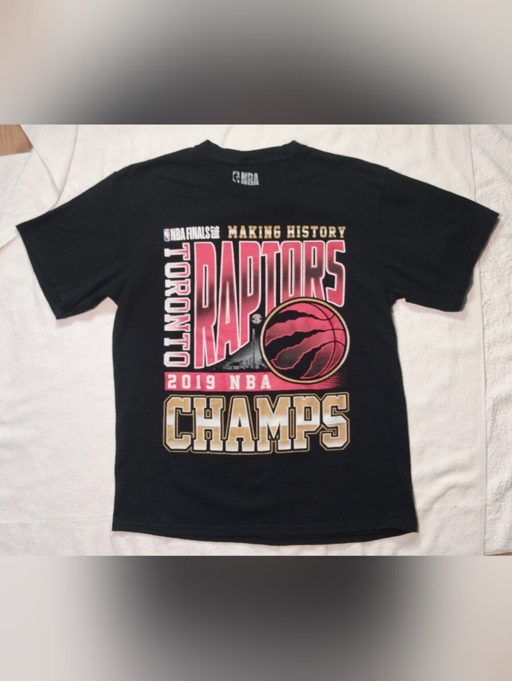 2019 Single Stitch NBA TORONTO Raptors Basketball Chmp Black T-shirt - Men's MED